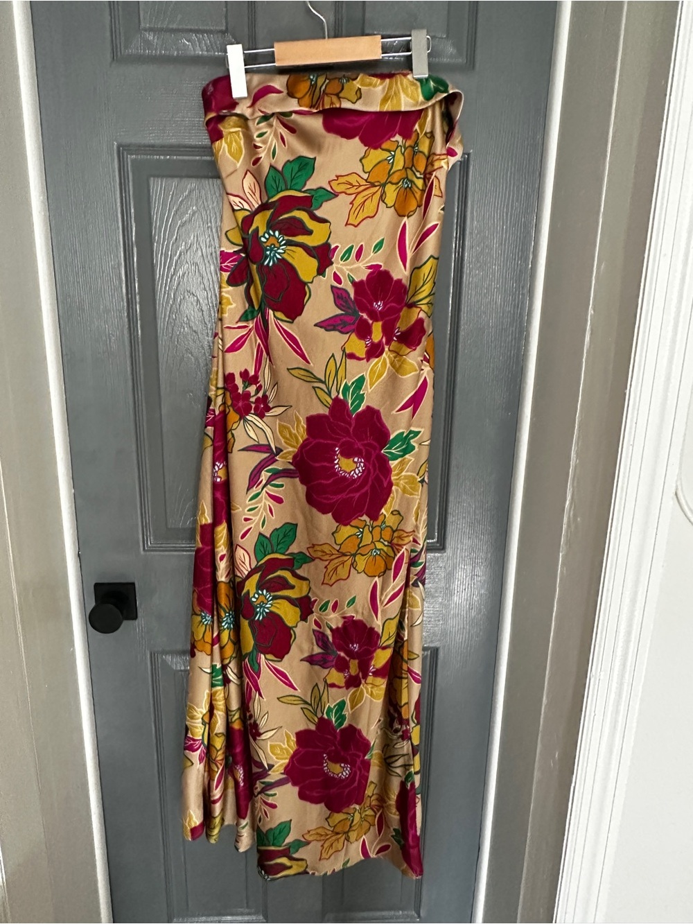Sincerly Jules Gold Satin Strapless Maxi Dress with Magenta Floral Print